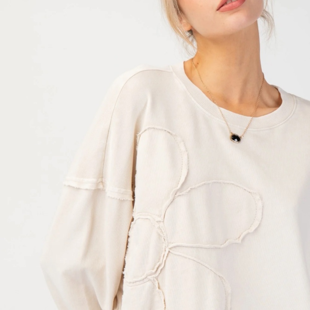 Easel Flower Patch Washed Terry Knit Pullover, ecru cream, size M - Picture 2 of 13